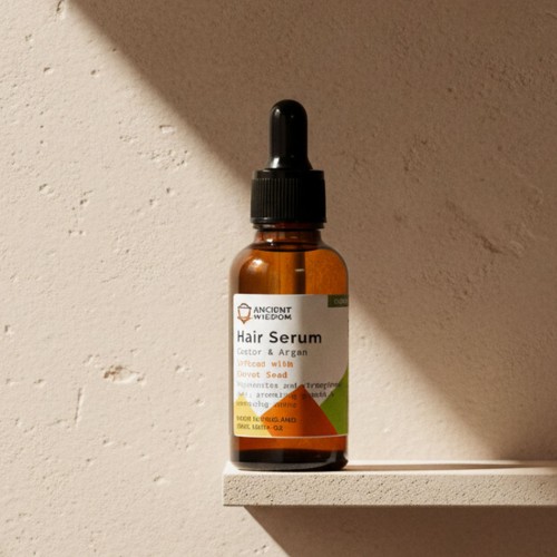Organiczne serum do włosów z olejem rycynowym, arganowym i olejkiem z nasion marchwi w brązowej butelce z pipetą, ustawione na półce w naturalnym świetle