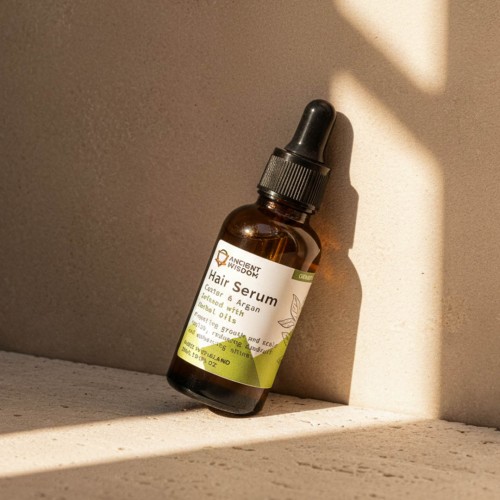 Organiczne serum do włosów z olejem rycynowym i arganowym oraz mieszanką ziołowych olejków, w brązowej butelce z pipetą, ustawione w naturalnym świetle na jasnym tle.