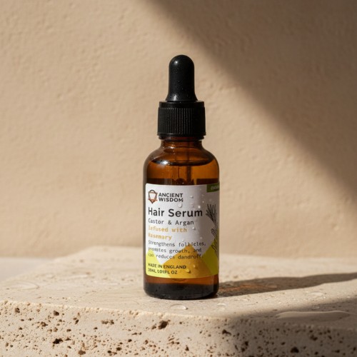 Organiczne serum do włosów z olejem rycynowym, arganowym i rozmarynem, w brązowej butelce z pipetą, ustawione na jasnym kamiennym blacie w naturalnym świetle
